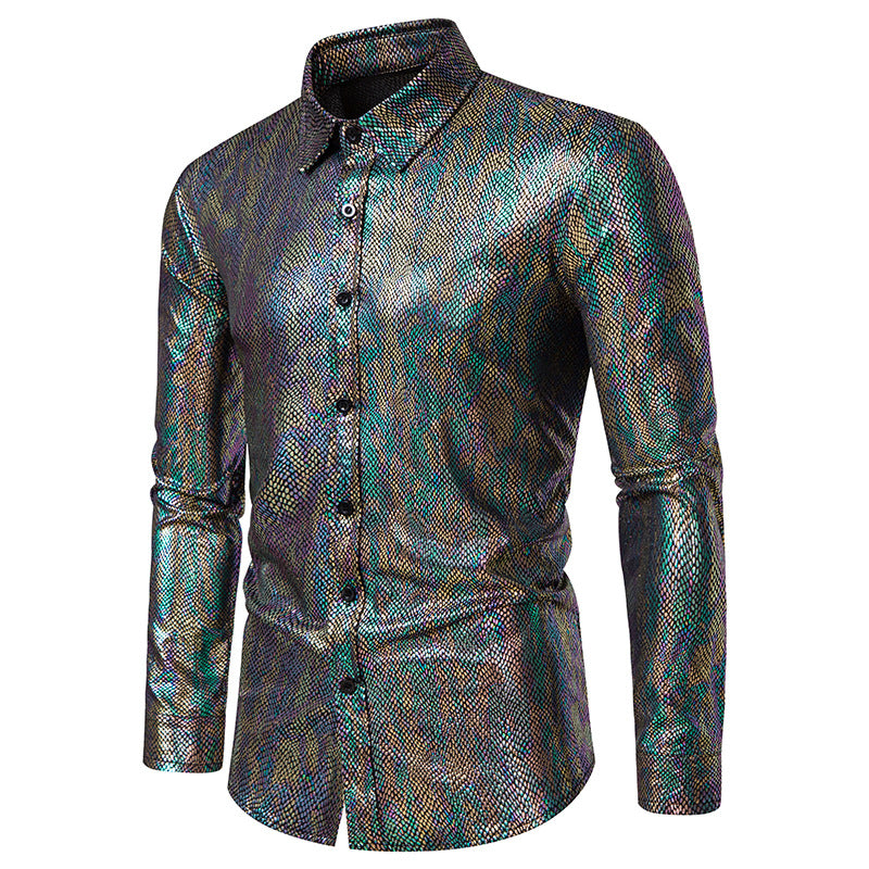 Men Snakes Patterns Glossy Turnover Collar Long Sleeves Shirt