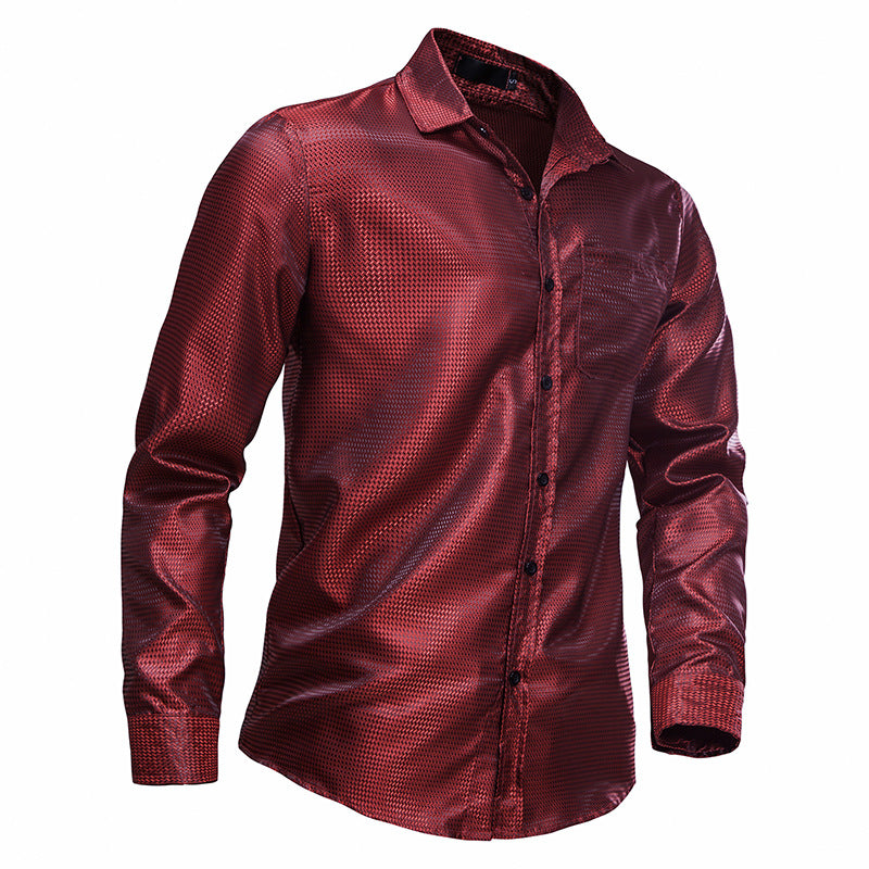 Men Turnover Collar Glossy Long Sleeves Shirt