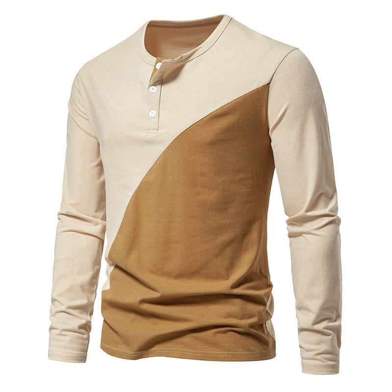 Men Crewneck Buttons Bicolor Long Sleeves T-Shirt