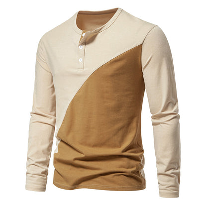 Men Crewneck Buttons Bicolor Long Sleeves T-Shirt