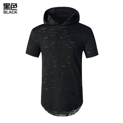 Men Holes Short Sleeves Stripes Hoody T-Shirt