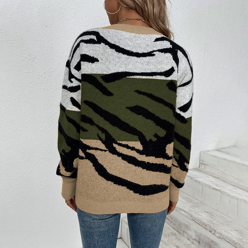 Women Sweaters Kniting Round Collar Pullover Tiger Camo Printed Long Sleeve