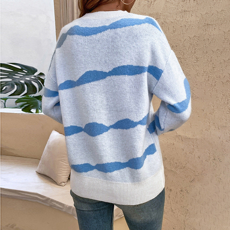 Women Sweaters Kniting Round Collar Pullover Bicolor Stripes