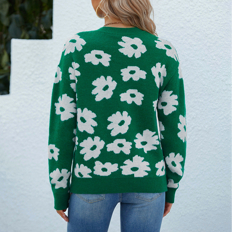 Women Sweaters Kniting Round Collar Pullover Bicolor Flowers Long Sleeve