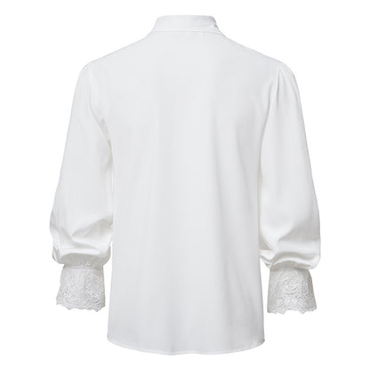 Men Ruffles Embroidery Turnover Collar Long Sleeves Shirt