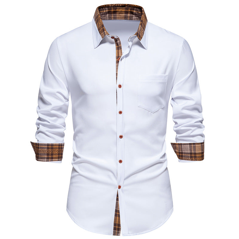 Men Turnover Collar Lattice Bicolor Long Sleeves Shirt