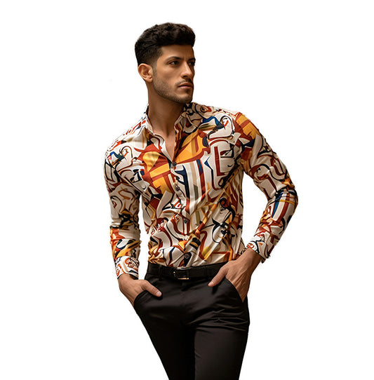 Men Turnover Collar Print Long Sleeves Shirt