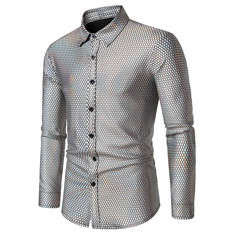 Men Turnover Collar Lattice Glossy Long Sleeves Shirt