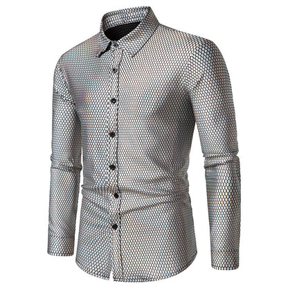 Men Turnover Collar Lattice Glossy Long Sleeves Shirt