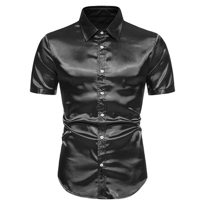 Men Glossy Turnover Collar Short Sleeves Shirt