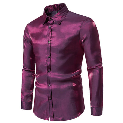 Men Turnover Collar Glossy Long Sleeves Shirt