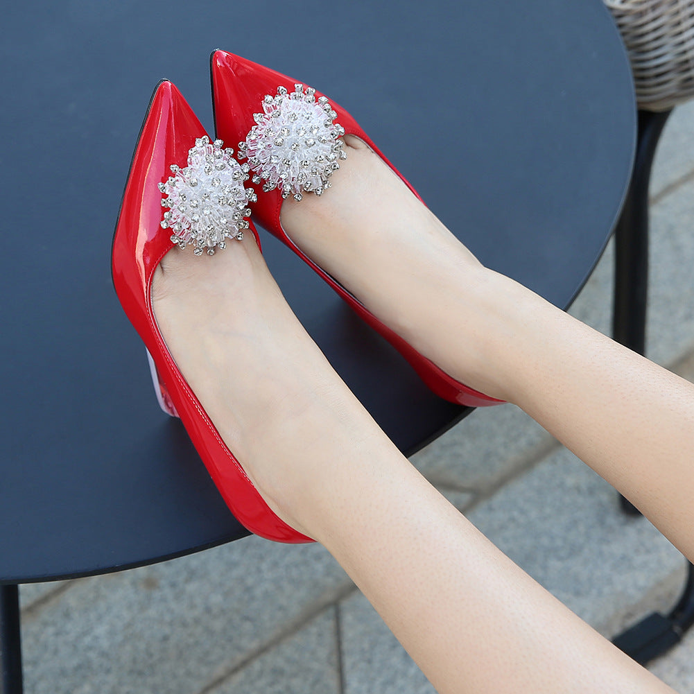 Women's Candy Color Pointed Toe Rhinestone Flora Shallow Crystal Spool Heel Pumps
