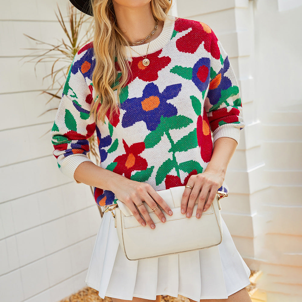 Women Sweaters Kniting Round Collar Pullover Bicolor Flowers