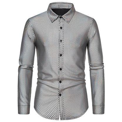 Men Turnover Collar Lattice Glossy Long Sleeves Shirt