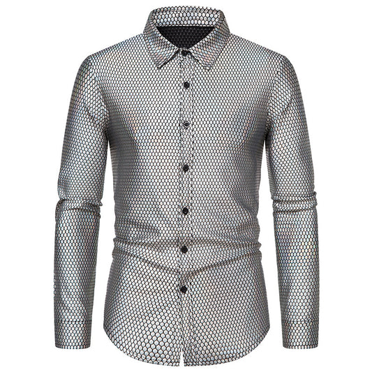 Men Turnover Collar Lattice Glossy Long Sleeves Shirt