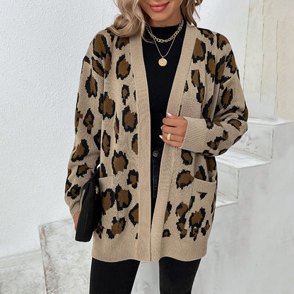 Women's Cardigans Kniting Leopard Patterns Long Sleeves Pockets