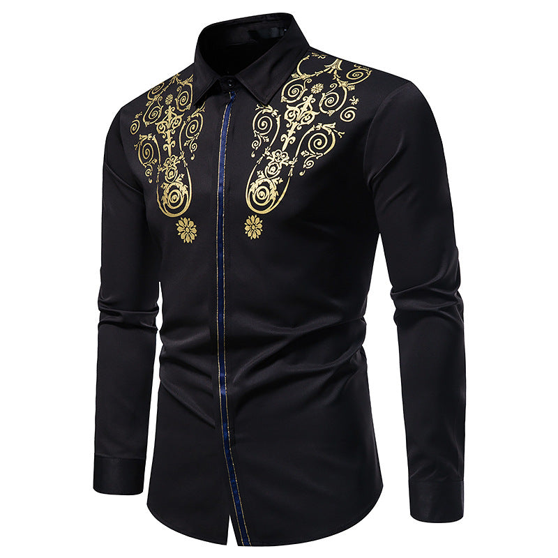 Men Turnover Collar Glossy Prints Long Sleeves Shirt