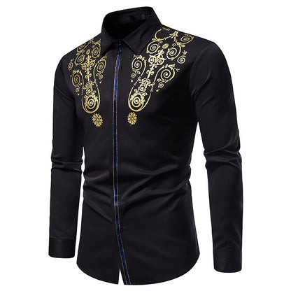 Men Turnover Collar Glossy Prints Long Sleeves Shirt