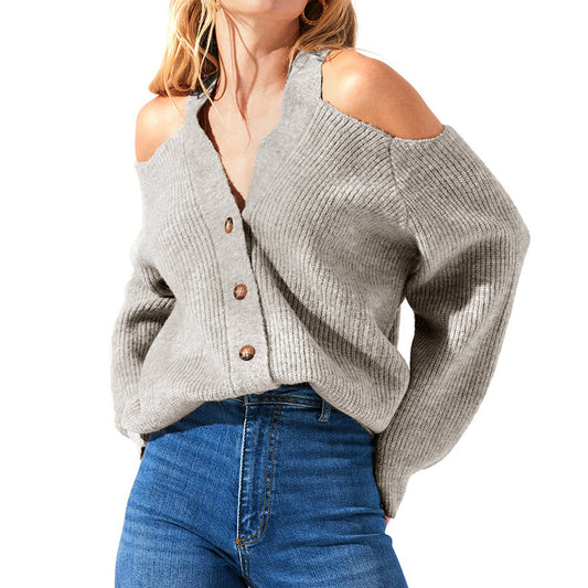 Women's Cardigans Kniting Off Shoulder Buttons Lantern Long Sleeves