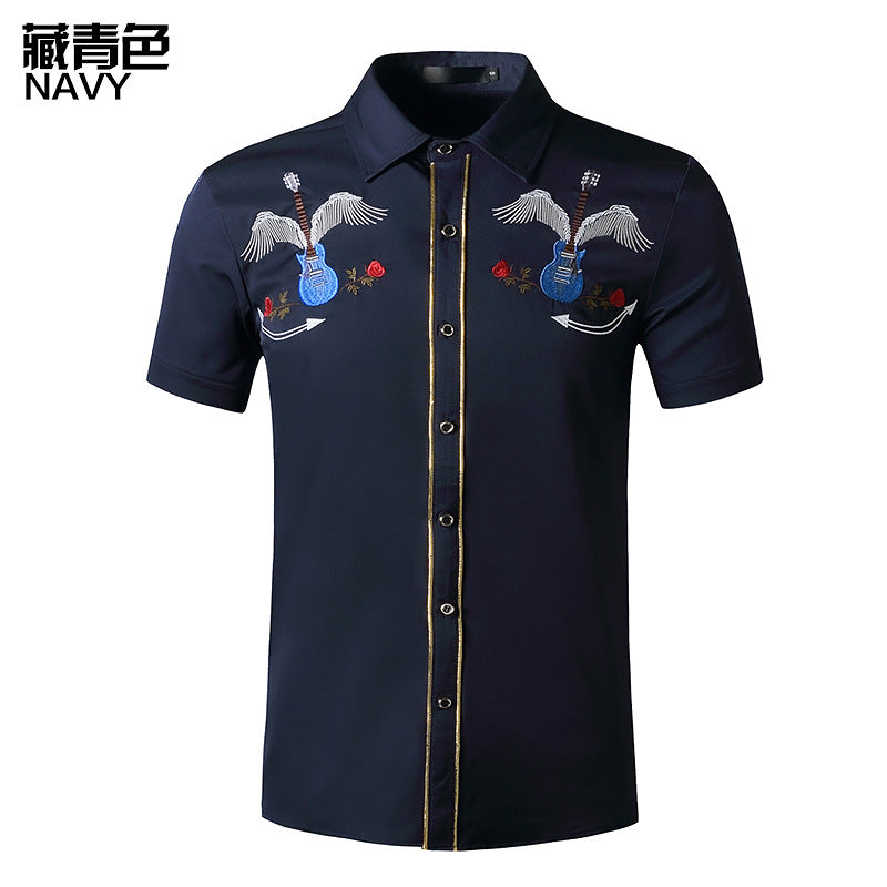 Men Turnover Collar Embroidery Wings Cowboy Short Sleeves Shirt