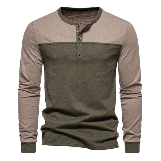 Men Crewneck Buttons Bicolor Long Sleeves T-Shirt