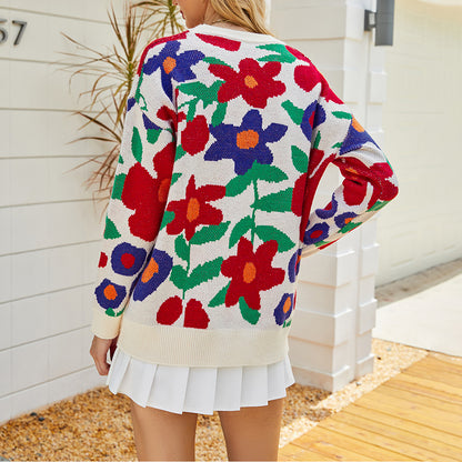 Women Sweaters Kniting Round Collar Pullover Bicolor Flowers