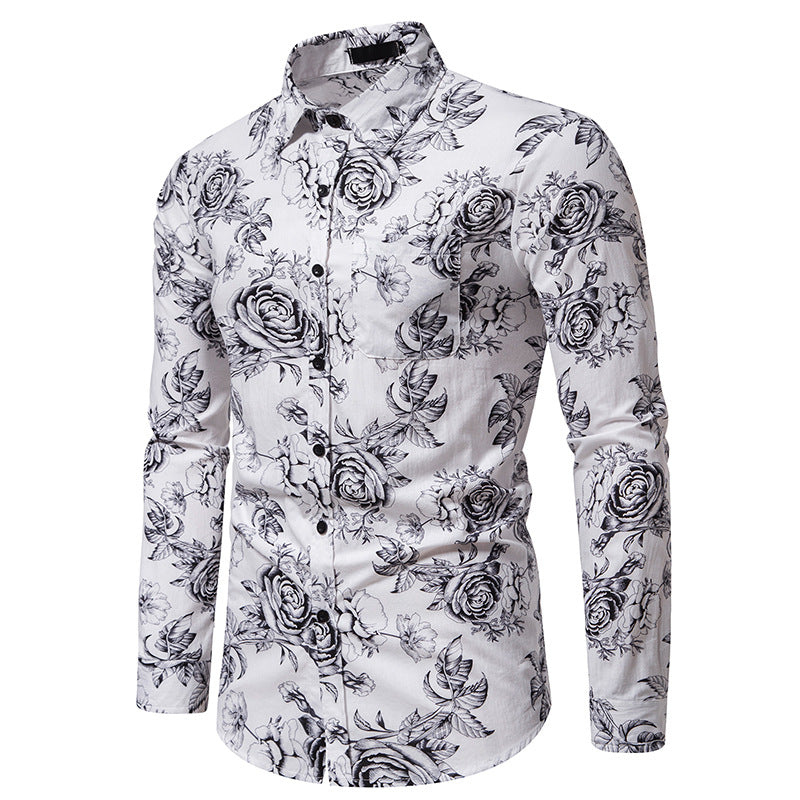 Men Turnover Collar Floral Fabric Prints Long Sleeves Shirt