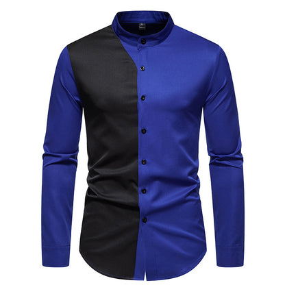 Men Turtleneck Patchwork Glossy Long Sleeves Shirt