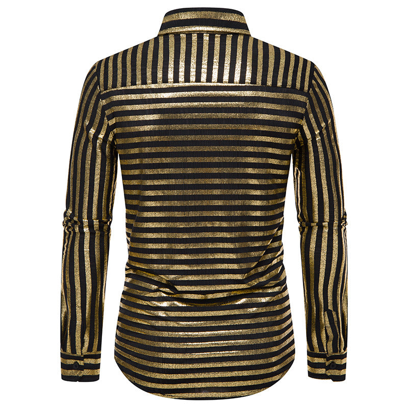 Men Turnover Collar Glossy Stripes Long Sleeves Shirt