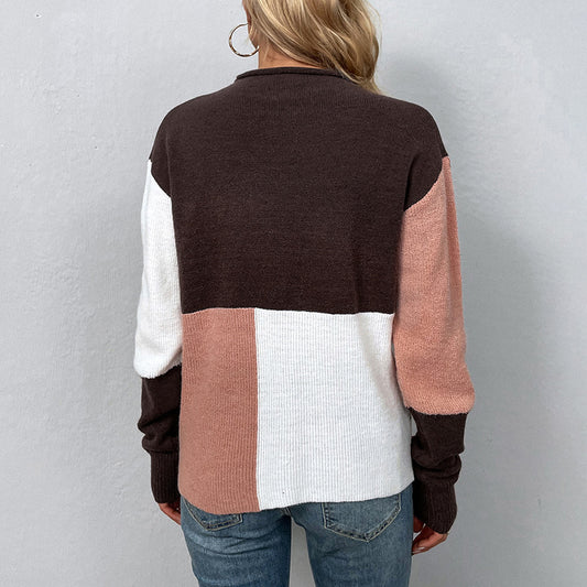 Women Sweaters Kniting Round Collar Pullover Bicolor Color Blocking