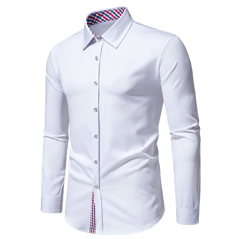 Men Turnover Collar Bicolor Lattice Long Sleeves Shirt