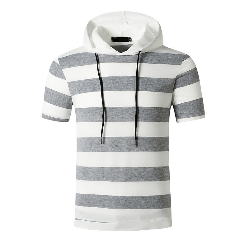 Men Slim Short Sleeves Stripes Drawstring Hoody T-Shirt