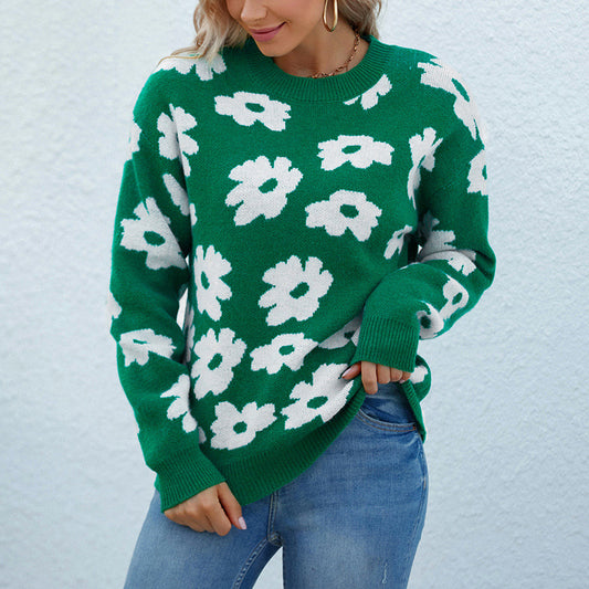 Women Sweaters Kniting Round Collar Pullover Bicolor Flowers Long Sleeve