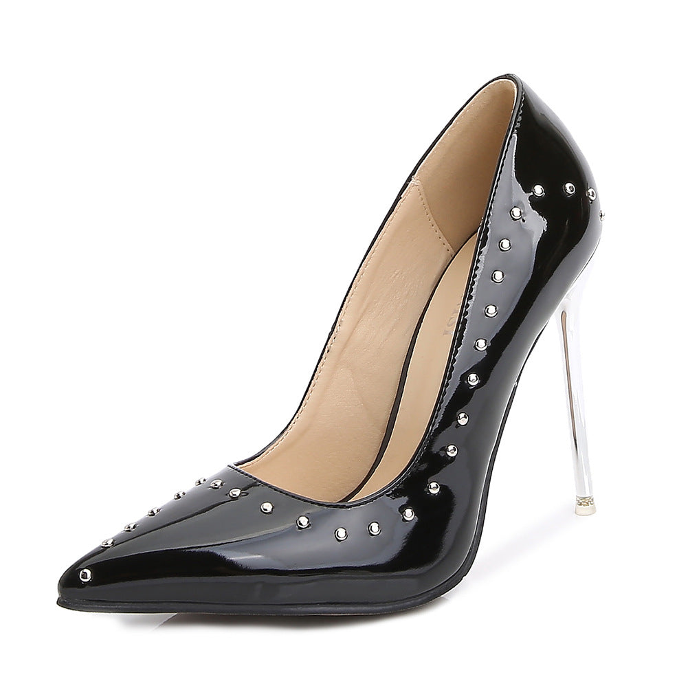 Women's Pointed Toe Rivets Shallow Crystal Stiletto Heel Pumps