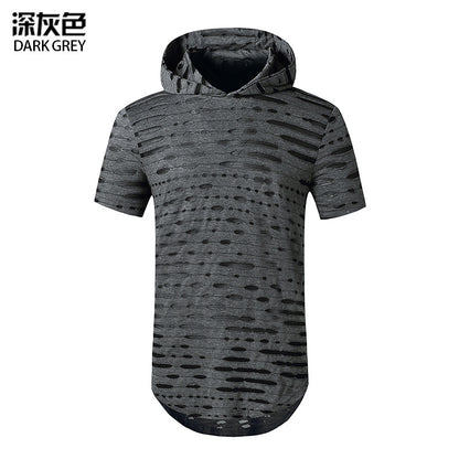 Men Holes Short Sleeves Stripes Hoody T-Shirt