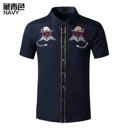 Men Turnover Collar Embroidery Wings Short Sleeves Shirt