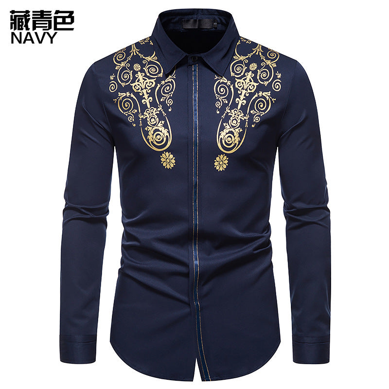 Men Turnover Collar Glossy Prints Long Sleeves Shirt