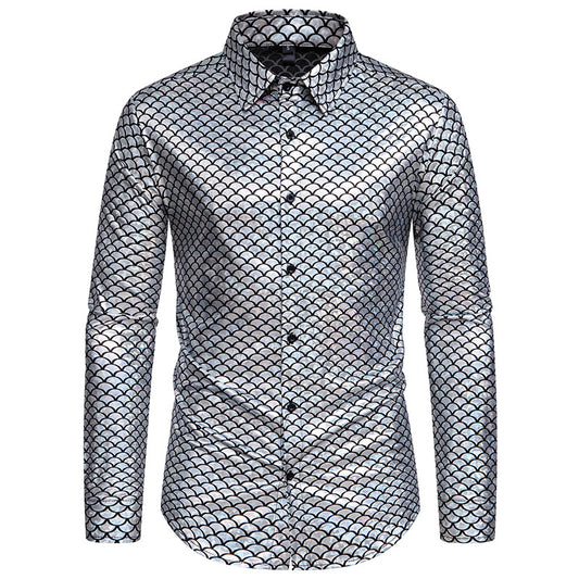 Men Turnover Collar Scales Glossy Long Sleeves Shirt