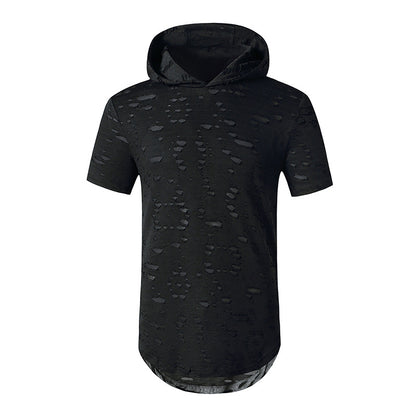 Men Holes Short Sleeves Stripes Hoody T-Shirt