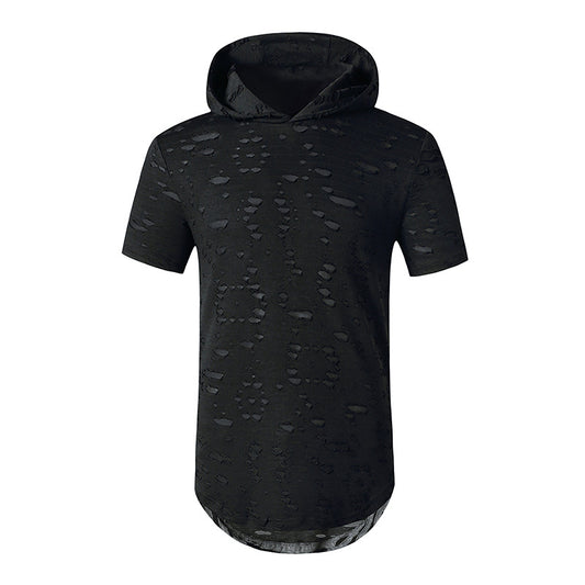 Men Holes Short Sleeves Stripes Hoody T-Shirt