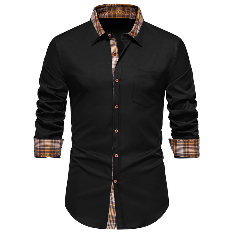 Men Turnover Collar Lattice Bicolor Long Sleeves Shirt