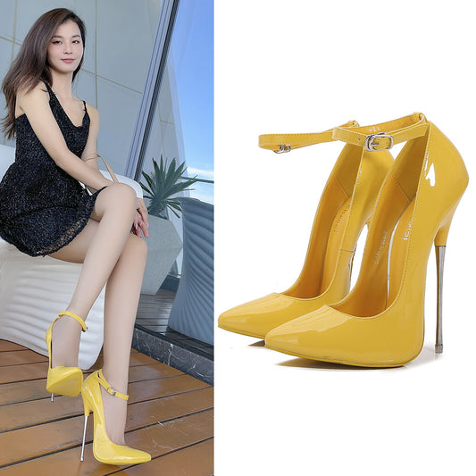 Women's Glossy Pointed Toe Shallow Ankle Strap Stiletto Heel Pumps