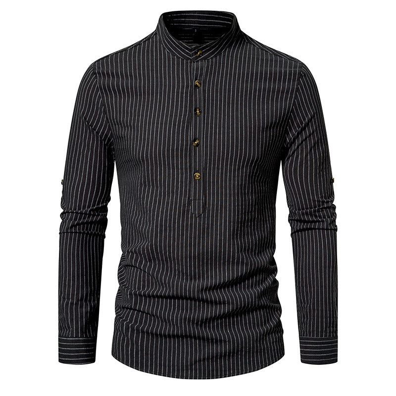 Men Turtleneck Buttons Stripes Long Sleeves T-Shirt