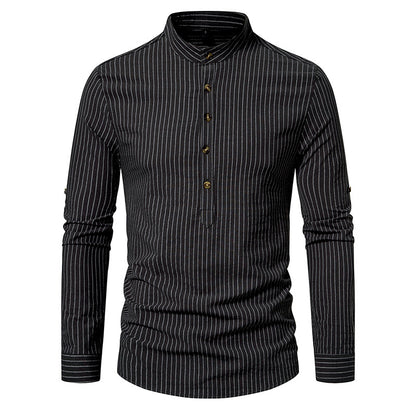 Men Turtleneck Buttons Stripes Long Sleeves T-Shirt