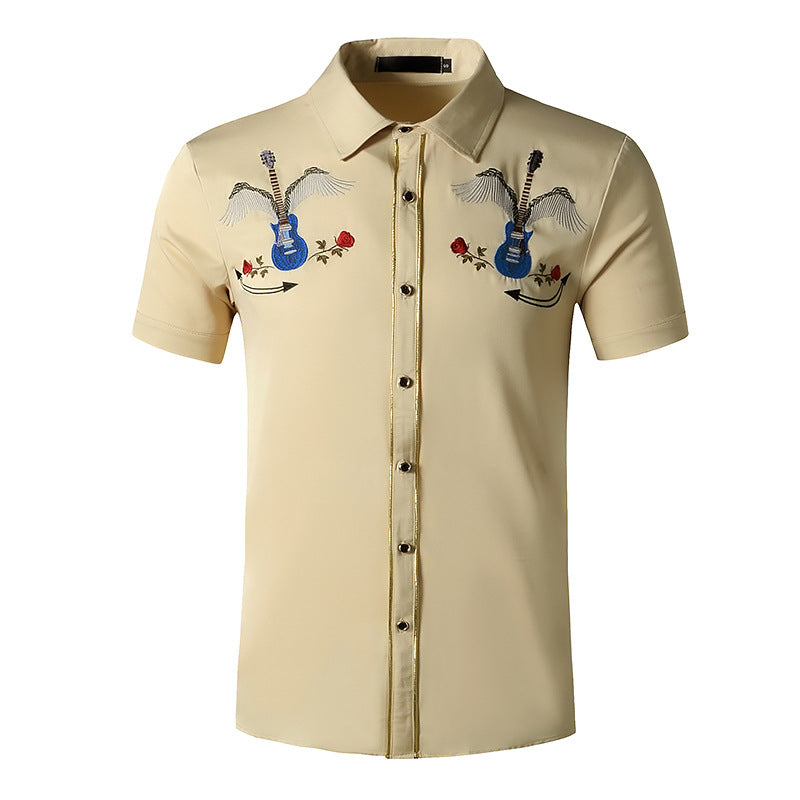 Men Turnover Collar Embroidery Wings Cowboy Short Sleeves Shirt