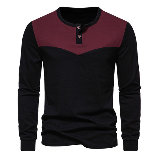 Men Crewneck Buttons Bicolor Long Sleeves T-Shirt