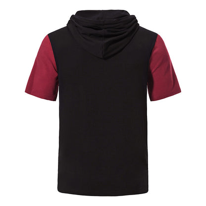 Men Patchwork Pockets Short Sleeves Drawstring Hoody T-Shirt