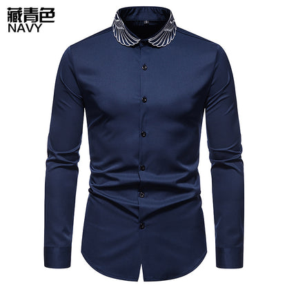 Men Embroidery Wings Turnover Collar Long Sleeves Shirt