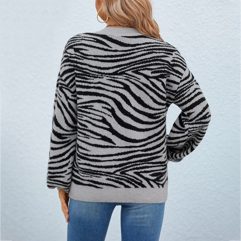 Women Sweaters Kniting Round Collar Pullover Bicolor Tiger Long Sleeve
