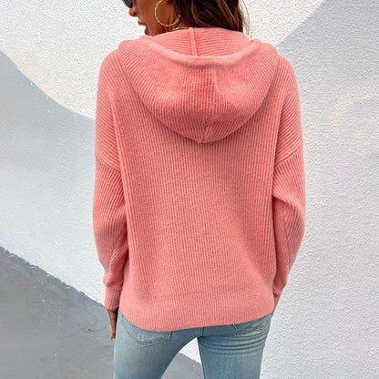 Women Sweaters Kniting Round Collar Pullover Plain Hoods Pockets